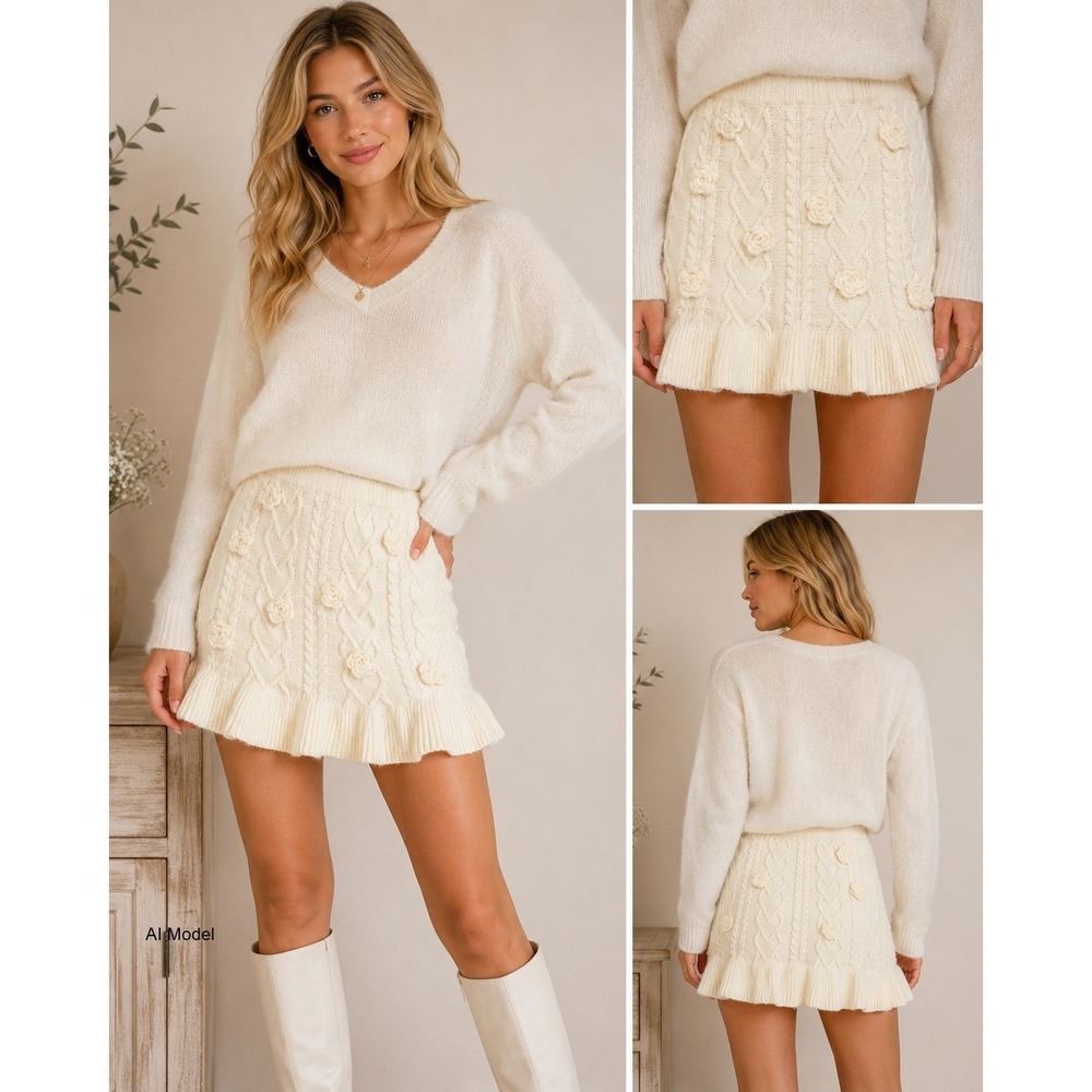 Romanic Cottagecore Cable Knit Sweater Mini Skirt Medium 3D Rosettes Ruffle